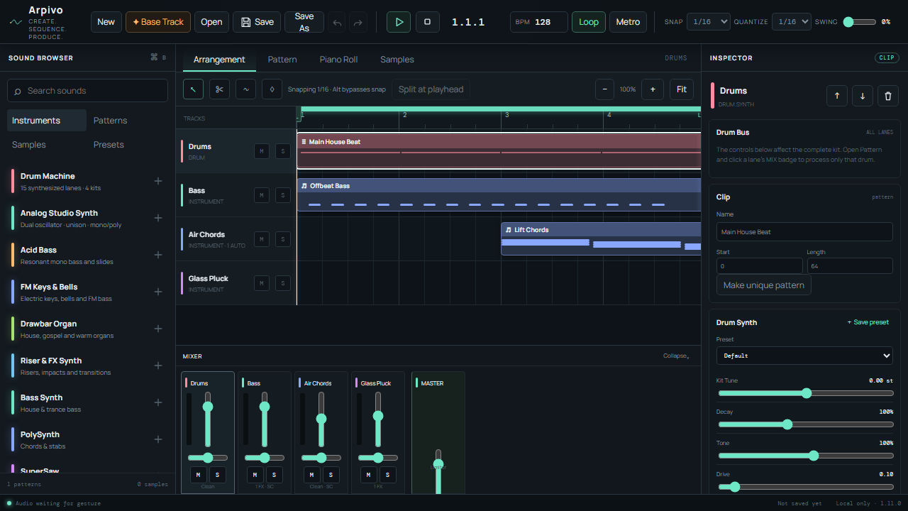 Arpivo arrangement editor showing a complete multitrack music project