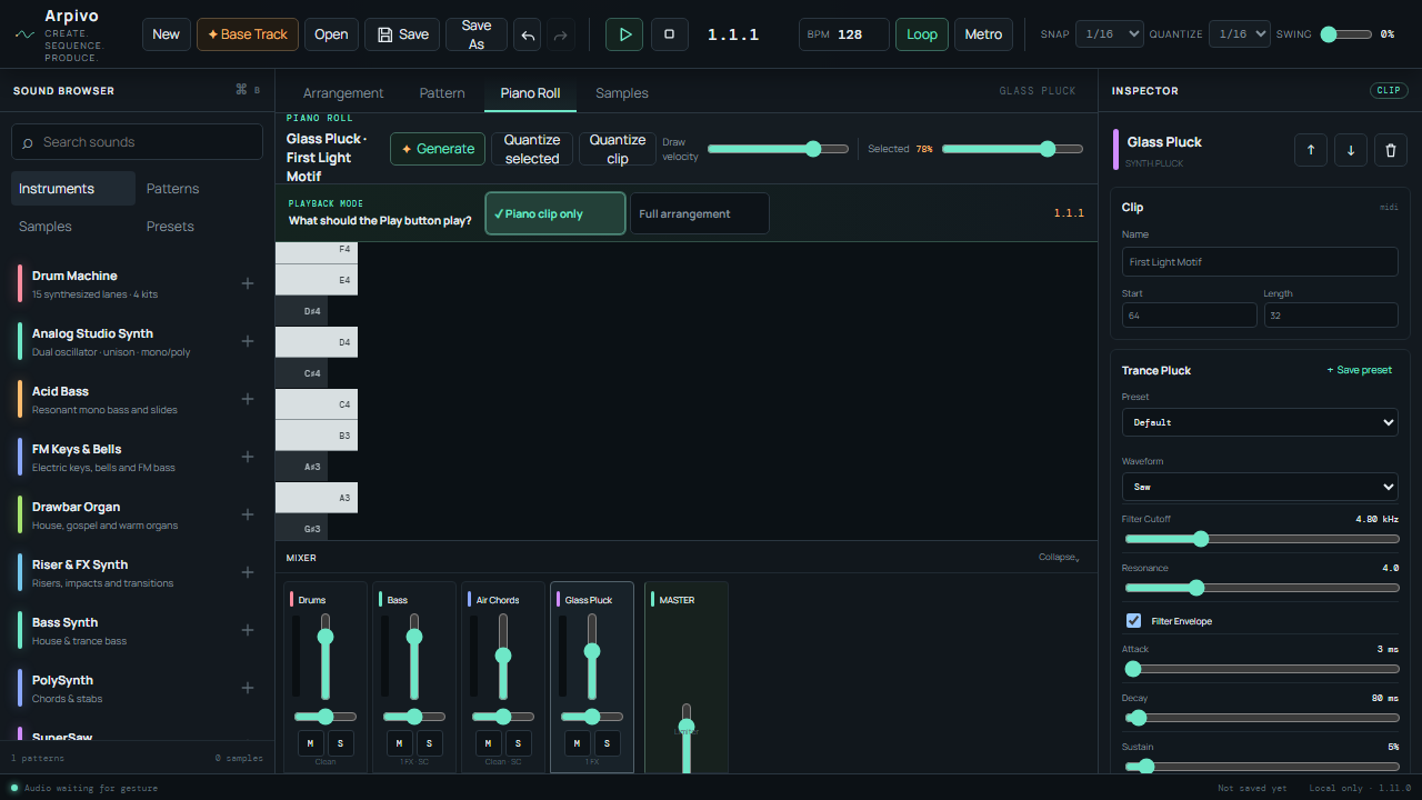 Arpivo piano roll editor for composing and refining notes